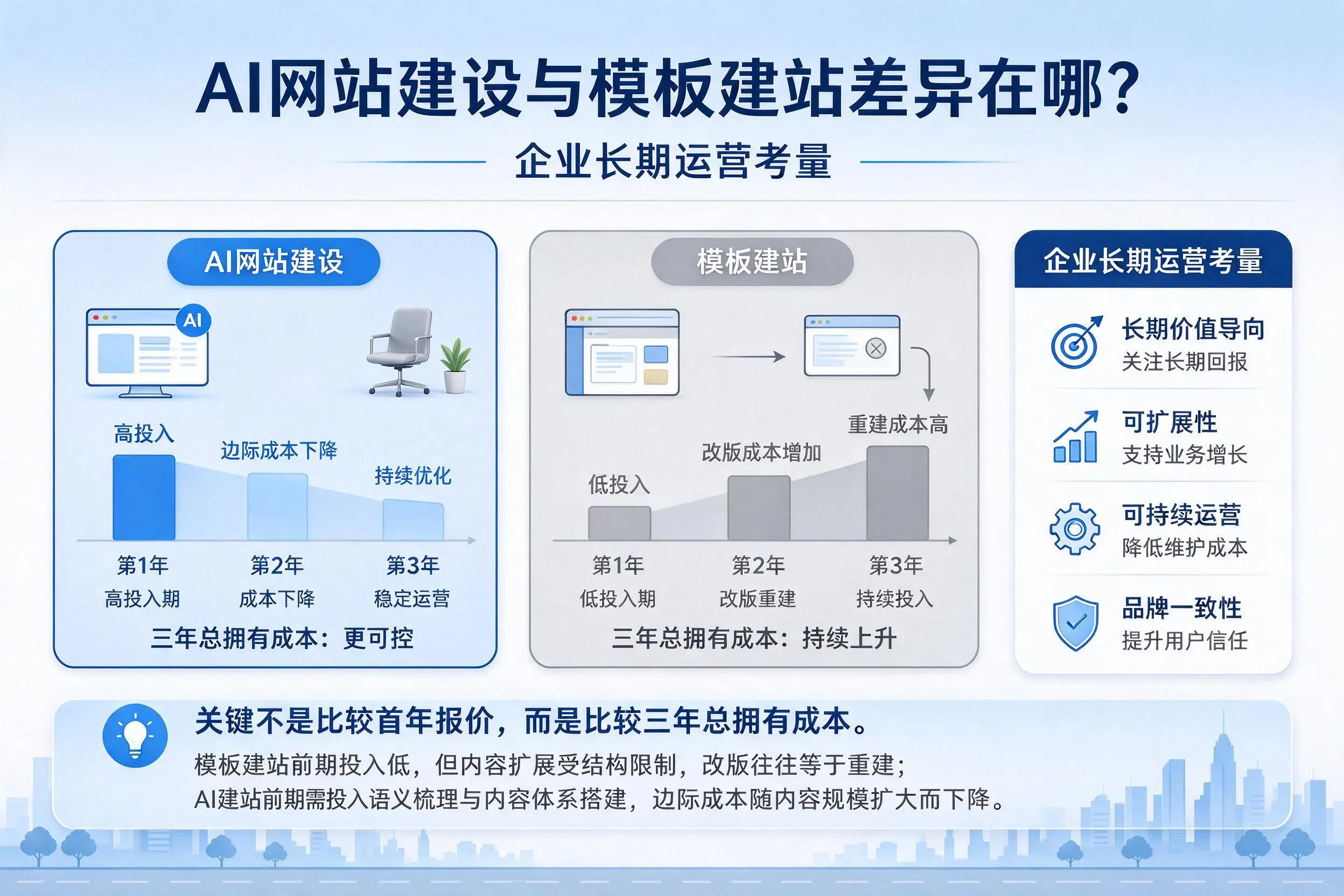 AI网站建设与模板建站差异在哪？七台河企业长期运营考量